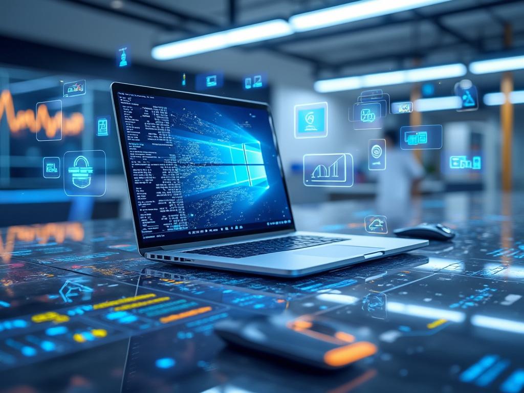 Portátil en una mesa con hologramas de gráficos y diagramas en un entorno tecnológico.