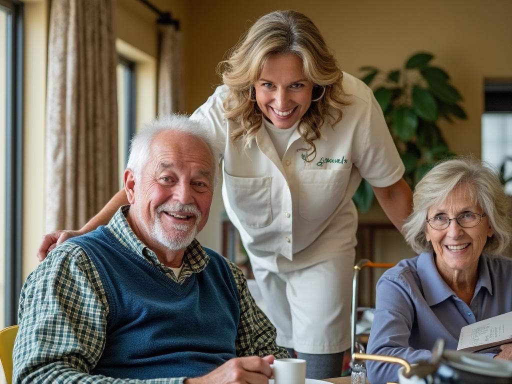 Smiling elderly couple enjoying coffee with a caregiver in a cozy room.