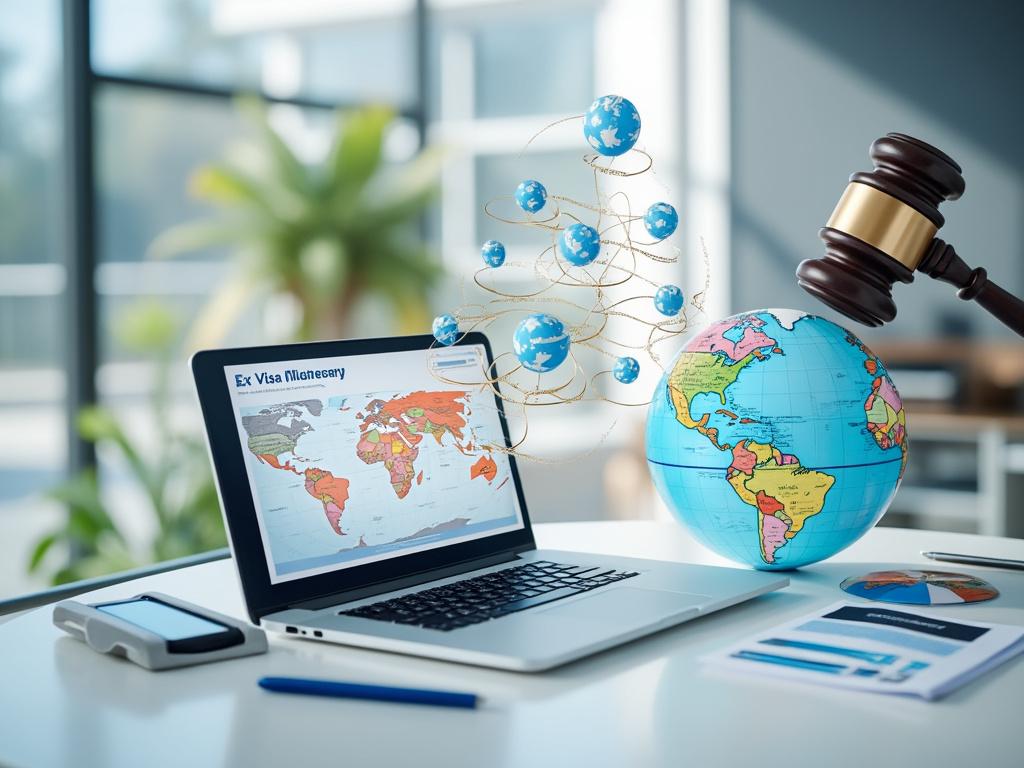 Estación de trabajo con computadora portátil mostrando mapa mundial, globo terráqueo, martillo judicial y documentos sobre exención de visa en oficina moderna con planta al fondo.