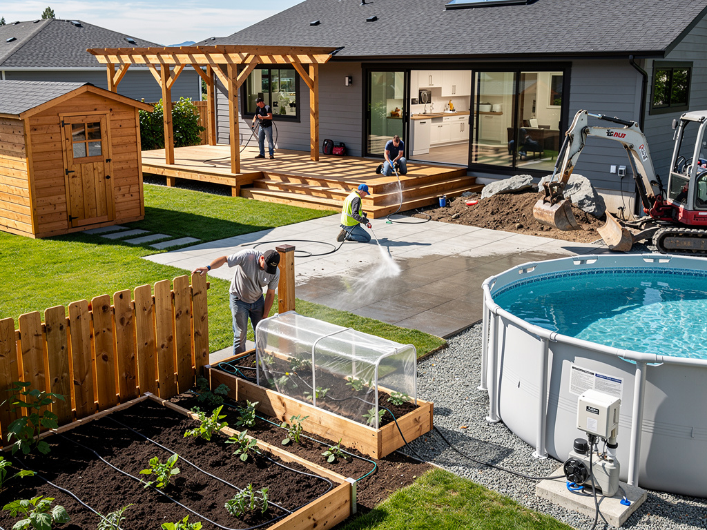 Backyard renovation with wooden deck, pergola, raised garden beds, above-ground pool, and workers landscaping a modern home Backyard renovation with wooden deck, pergola, raised garden beds, above-ground pool, and workers landscaping a modern home