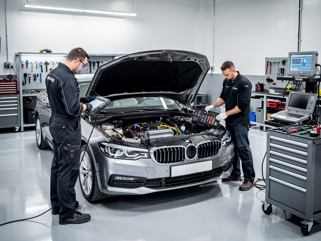 Mecánicos realizando diagnóstico electrónico a un BMW gris con el capó abierto en taller automotriz moderno Mecánicos realizando diagnóstico electrónico a un BMW gris con el capó abierto en taller automotriz moderno