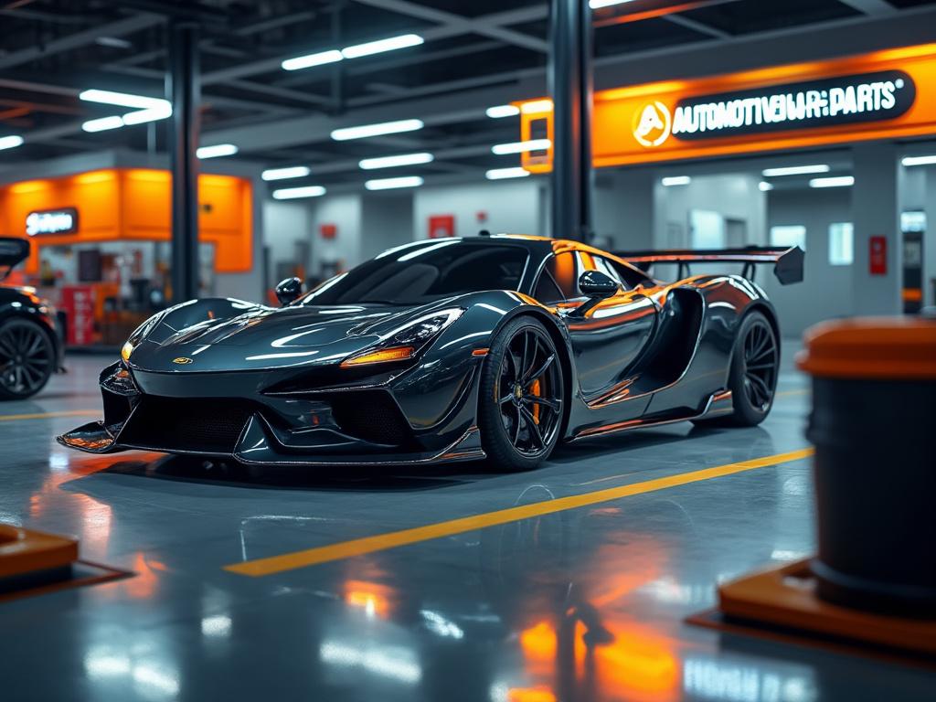 Coche deportivo negro en un garaje con iluminación brillante y letrero de piezas automotrices.