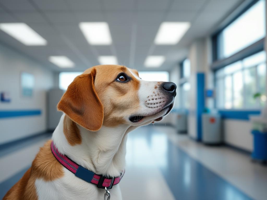 Perro con collar rosa en una clínica veterinaria con iluminación brillante.