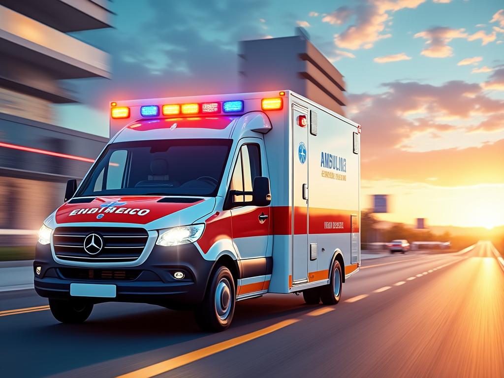 Ambulancia roja y blanca en movimiento rápido por una carretera al atardecer, con luces de emergencia encendidas.