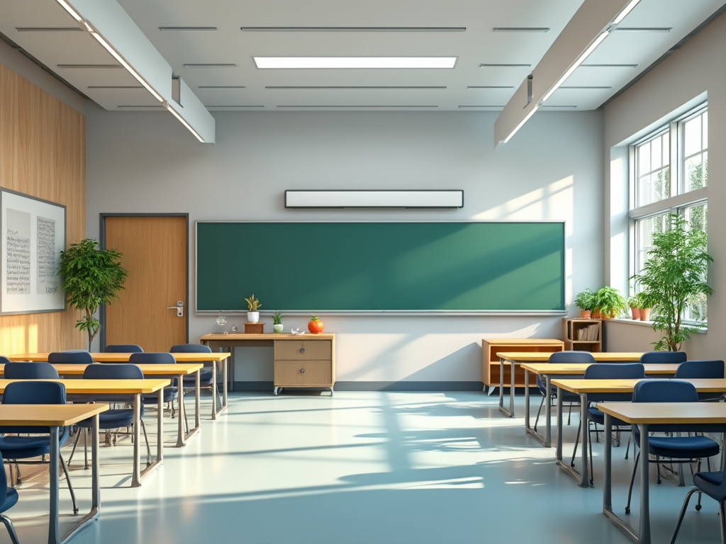 Aula de clase moderna con sillas azules, mesas de madera, pizarra verde, plantas y luz natural.