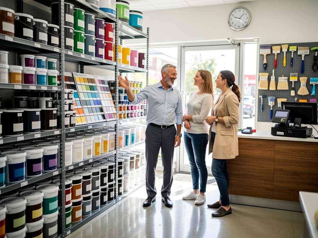 Clientes asesorados por vendedor en tienda de pinturas con muestras de color, cubos de pintura y brochas Clientes asesorados por vendedor en tienda de pinturas con muestras de color, cubos de pintura y brochas