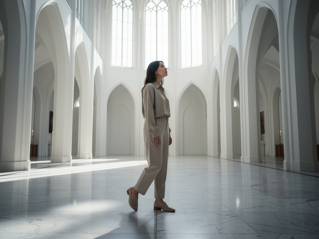 Mujer caminando en una luminosa catedral blanca con arcos góticos y grandes ventanales