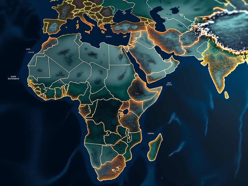 Illuminated political map of Africa, Europe, the Middle East, and India with glowing borders on a dark ocean background