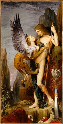 Figure 27: Gustave Moreau, Oedipus and the Sphinx, 1864. Oil, 81 1/4 x 41 1/4 in.  Metropolitan Museum of Art, New York, N.Y. Bequest of William H. Herriman,