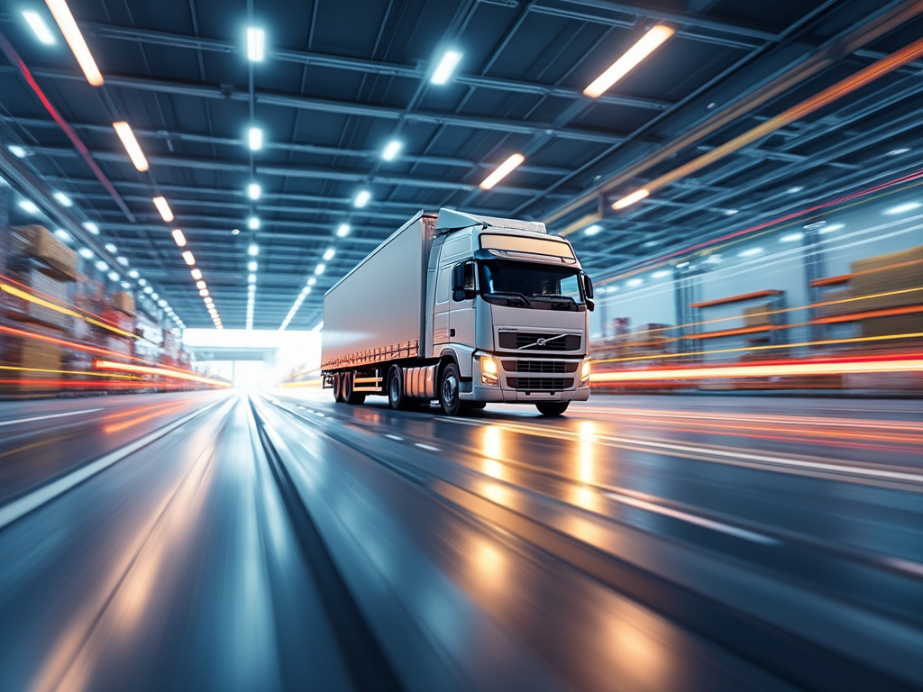 Camión blanco en movimiento dentro de un almacén moderno con iluminación brillante.