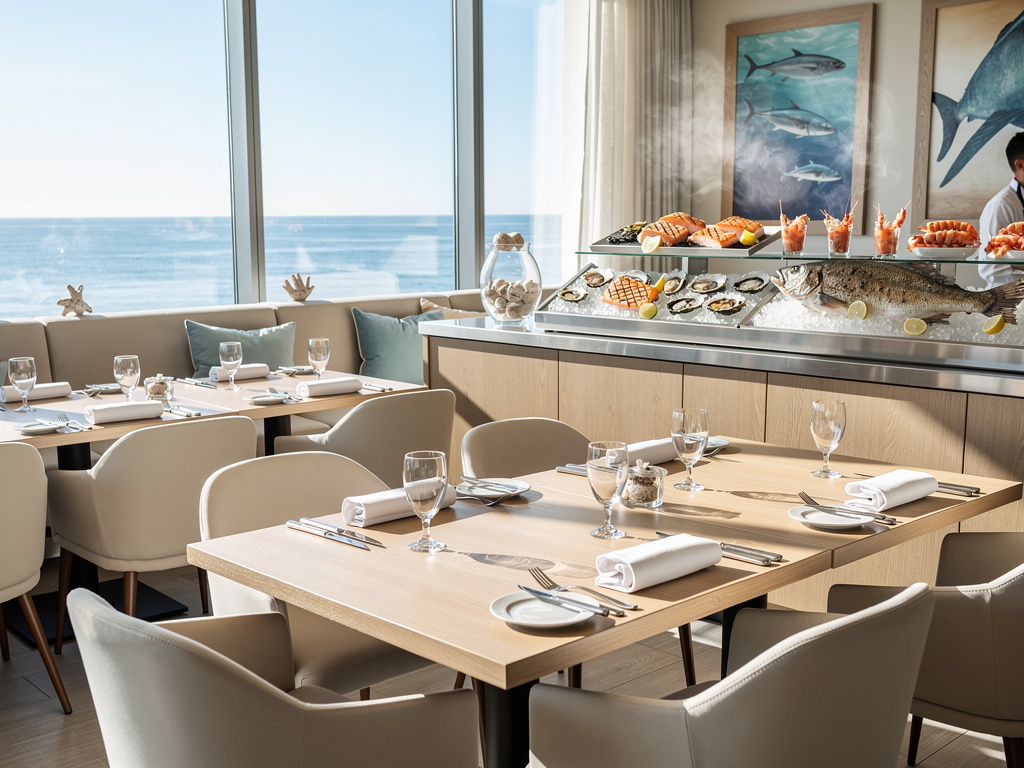 Restaurante elegante junto al mar con mesas preparadas, vistas al océano y exhibición de mariscos frescos