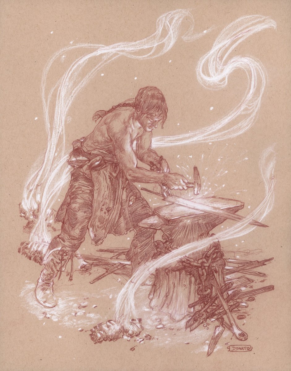 The Reforging of Anduril
14" x 11"  Watercolor Pencil and Chalk on Toned Paper 2018
Illustration for The Lord of the Rings by J.R.R. Tolkien