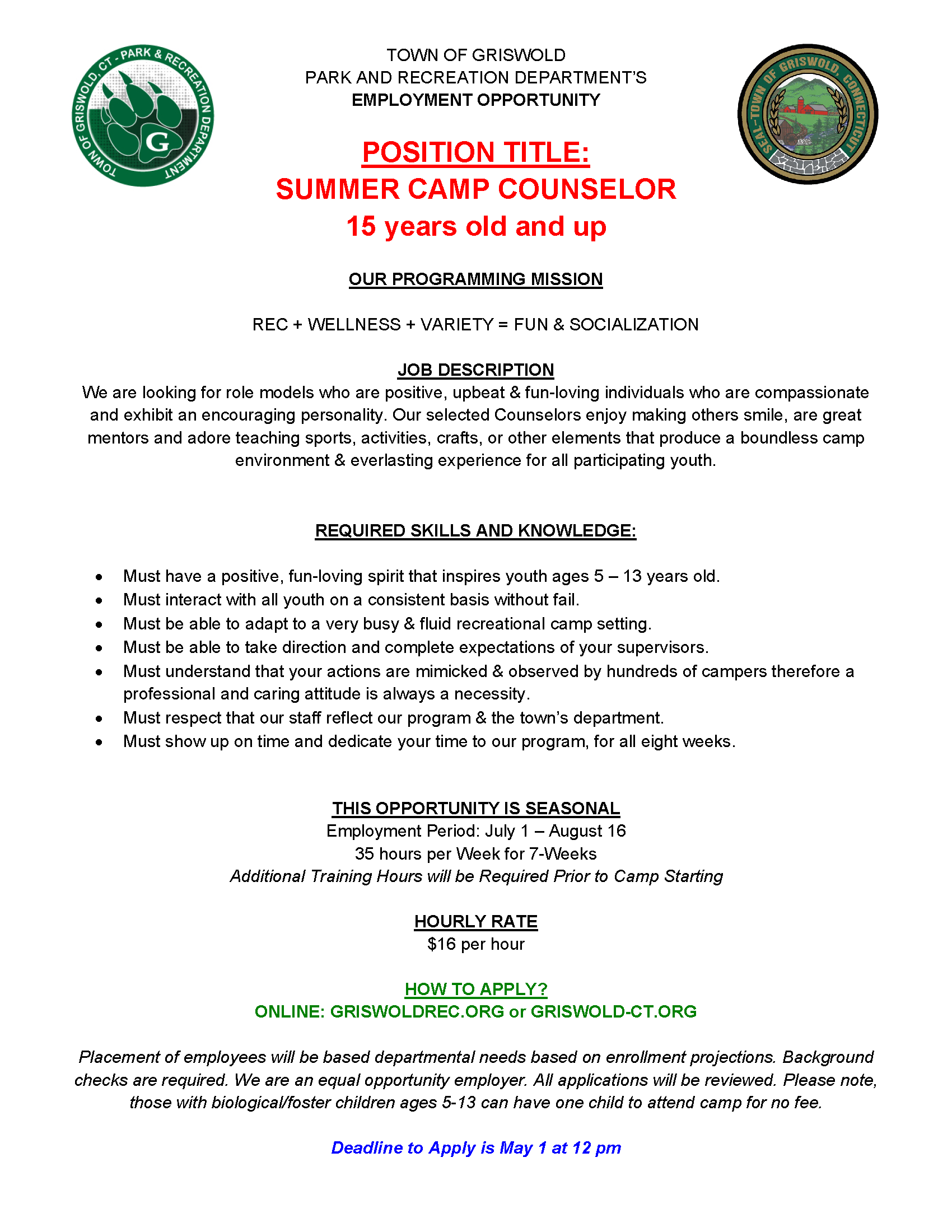 Griswold Park & Rec / Youth & Family Job Openings!