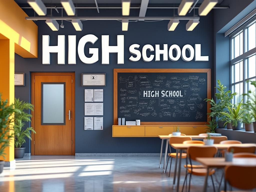 Interior moderno de una escuela secundaria con pizarra y mesas amarillas.