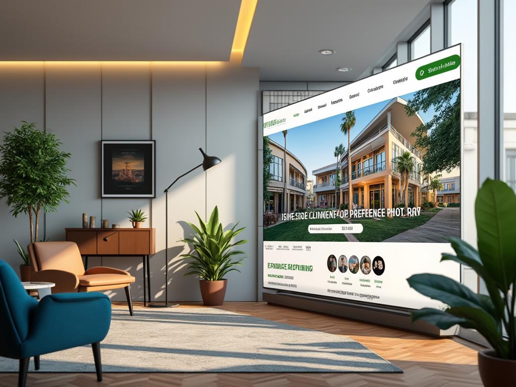 Sala moderna con muebles elegantes, plantas decorativas, y una pantalla grande mostrando una imagen exterior de un edificio contemporáneo con palmeras.