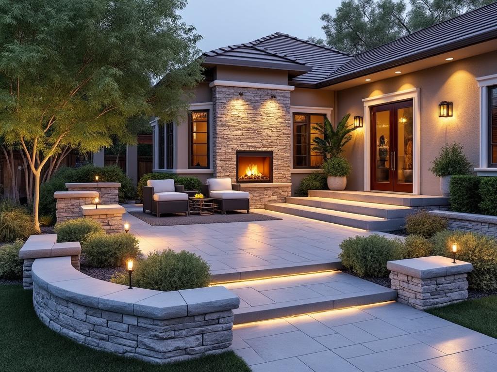 Modern patio with stone fireplace, cozy seating, and ambient lighting in front of a stylish house at dusk.