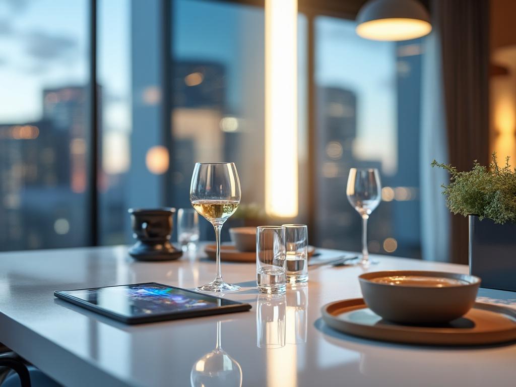 Mesa elegante con copas de vino, plato y tableta en interior moderno con vista a la ciudad.