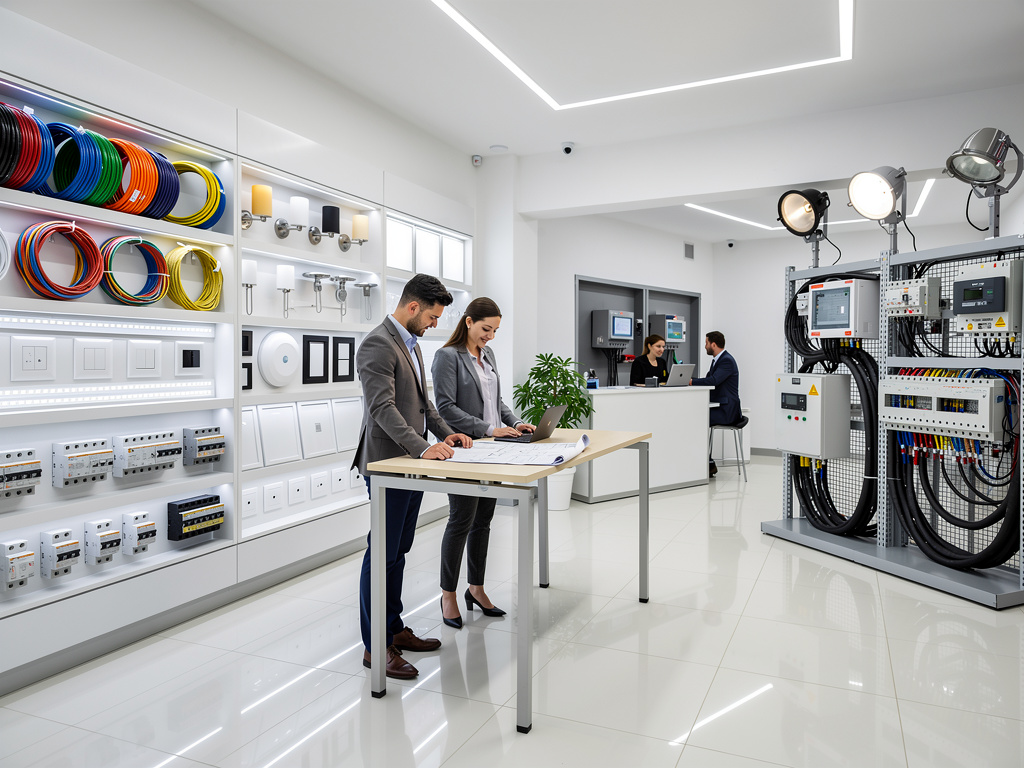 Showroom eléctrico moderno con profesionales revisando planos, cables, interruptores y paneles de automatización industrial Showroom eléctrico moderno con profesionales revisando planos, cables, interruptores y paneles de automatización industrial