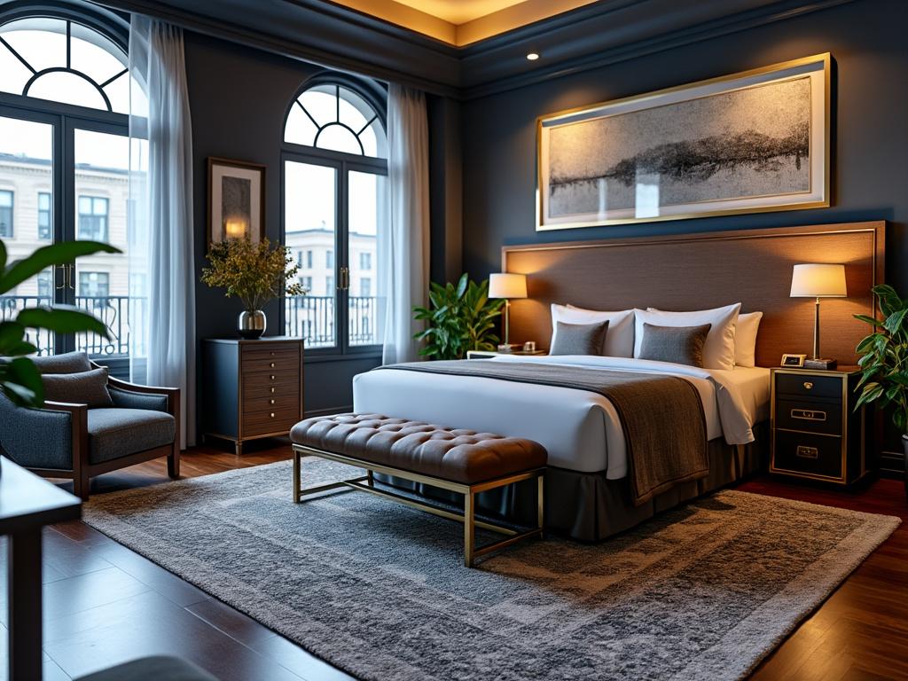 Habitación elegante con cama king, paredes azules, ventanas grandes y decoración moderna.