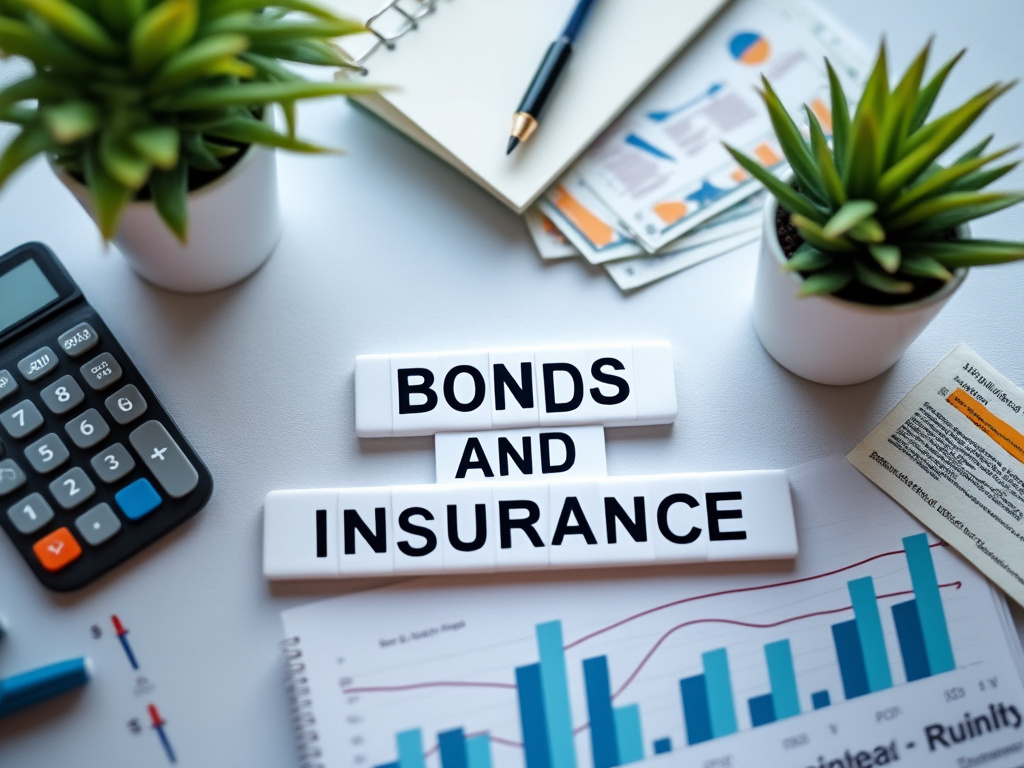 Concepto de bonos y seguros en escritorio financiero con calculadora, gráficos, documentos y plantas