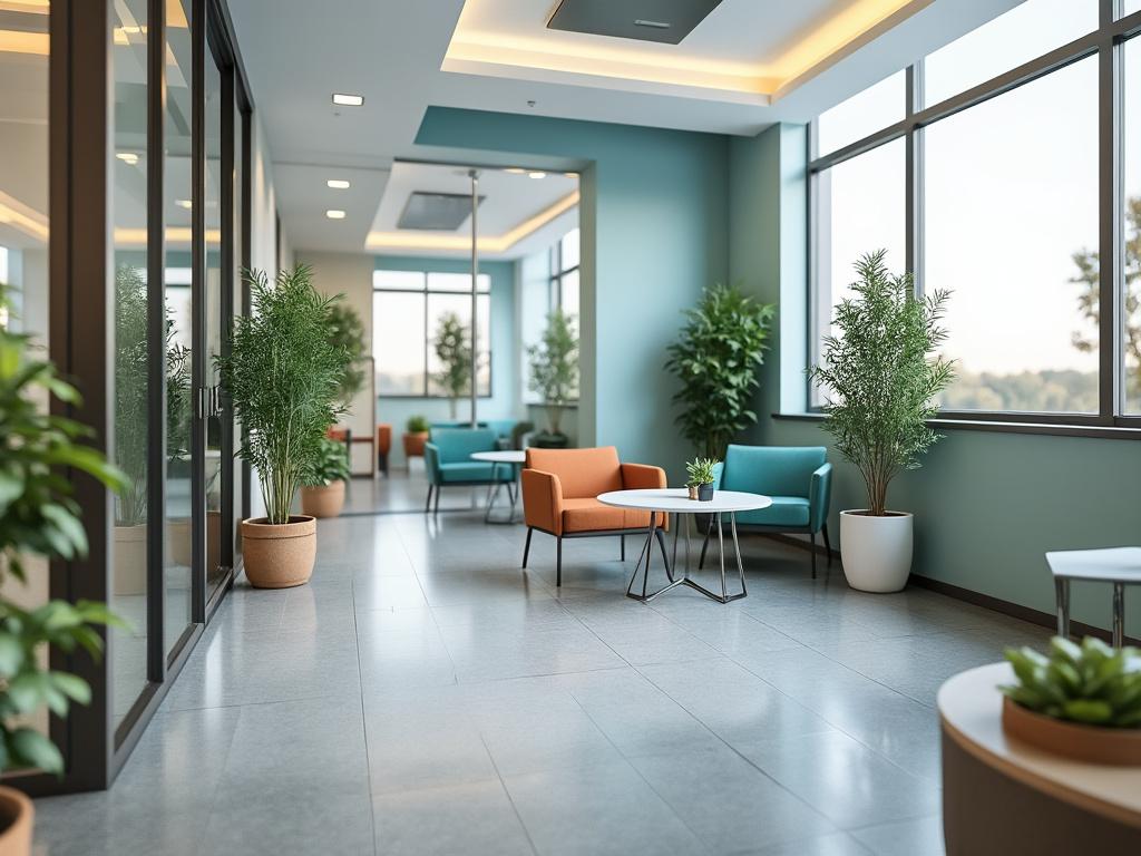 Modern office lounge with colorful seating and potted plants by large windows.