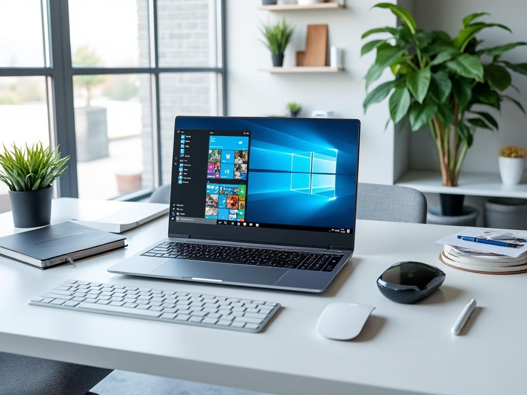 Oficina moderna con computadora portátil en escritorio blanco, junto a teclado, ratón y planta, con vista a través de grandes ventanas.