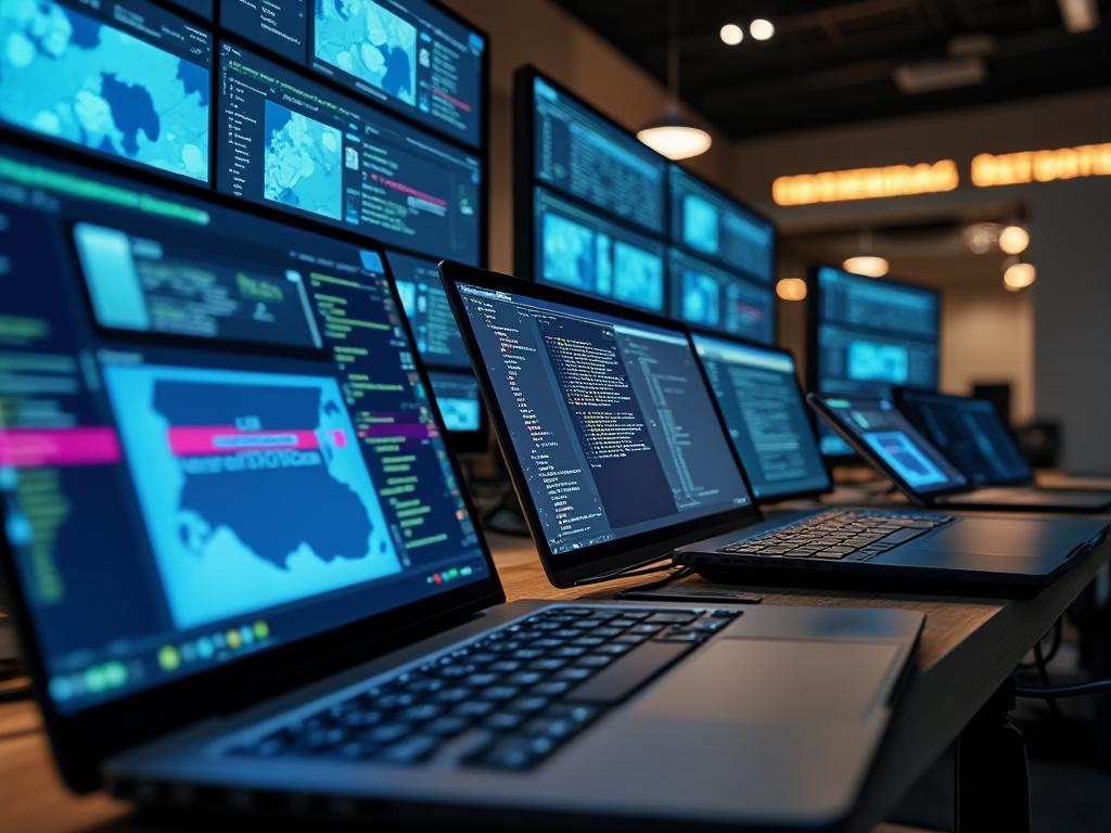 Varios ordenadores portátiles con código en la pantalla, en un centro de control tecnológico.