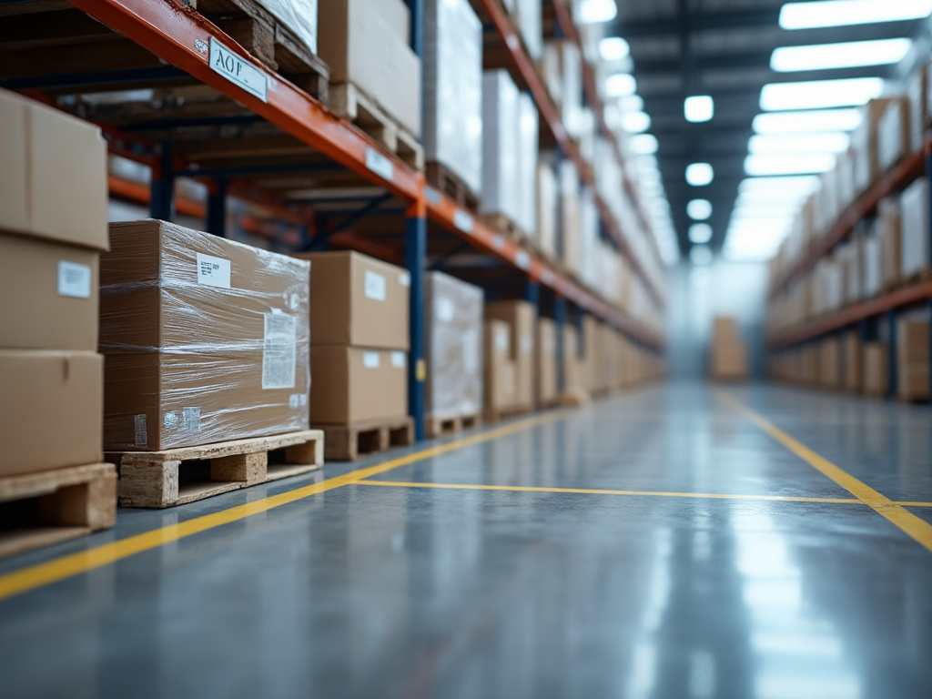 Interior de un almacén con estantes llenos de cajas de cartón almacenadas sobre palés en el suelo.