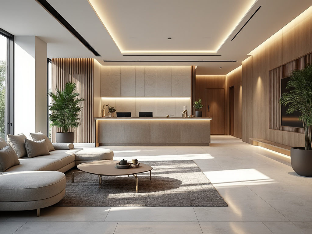 Moderno vestíbulo de hotel con sofá beige, mesa de centro, plantas decorativas y mostrador de recepción iluminado.