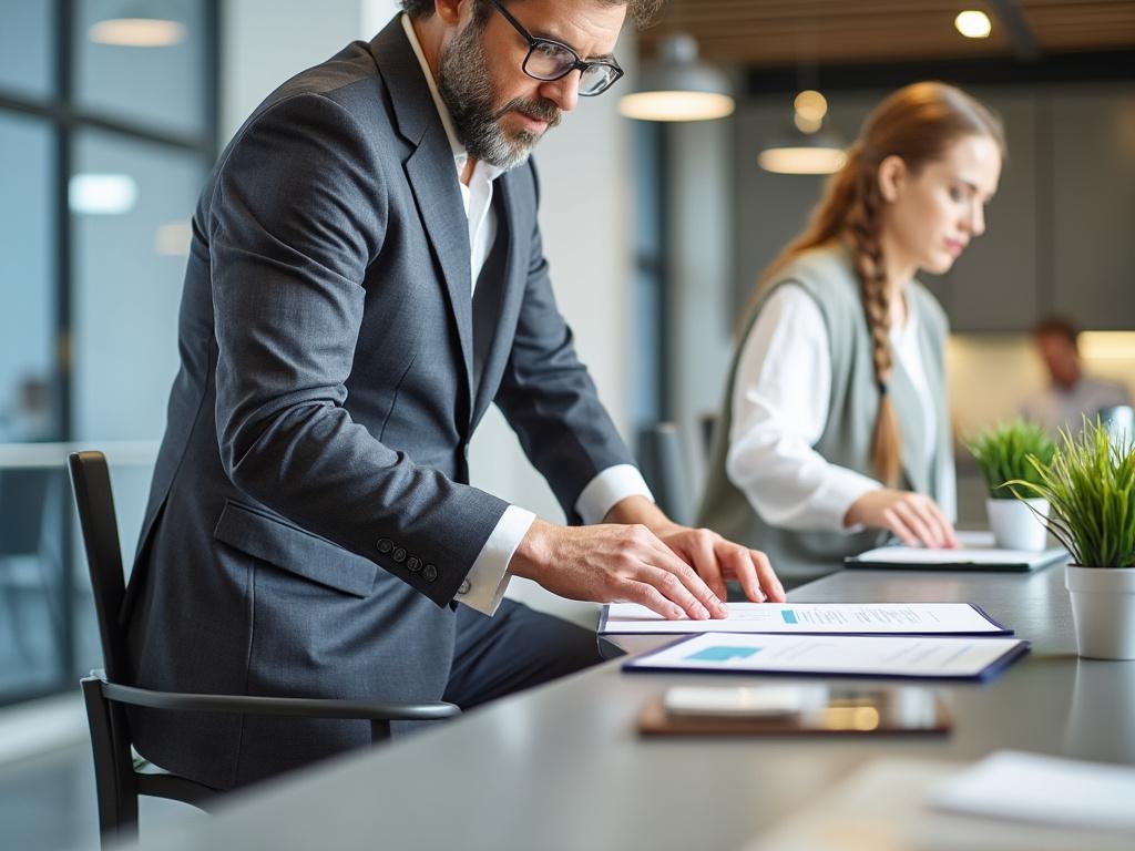 Hombre de negocios revisando documentos en una oficina moderna con una colega trabajando en segundo plano. Hombre de negocios revisando documentos en una oficina moderna con una colega trabajando en segundo plano.