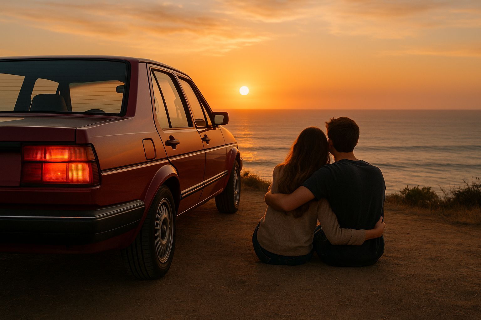 Pareja abrazada viendo la puesta de sol junto a un coche rojo, con el océano de fondo.