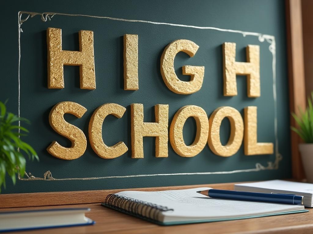 Letras doradas que dicen 'High School' en una pizarra verde, con cuadernos y un bolígrafo en un escritorio en primer plano.