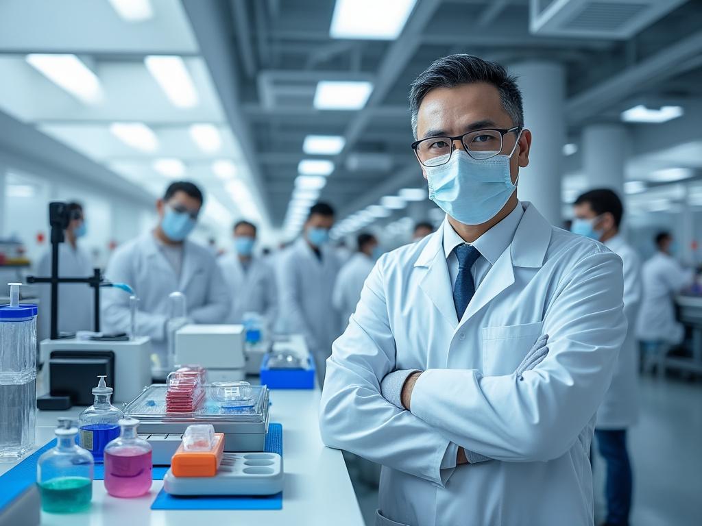 Científico en bata blanca y mascarilla en un laboratorio moderno rodeado de equipo de investigación y más científicos.