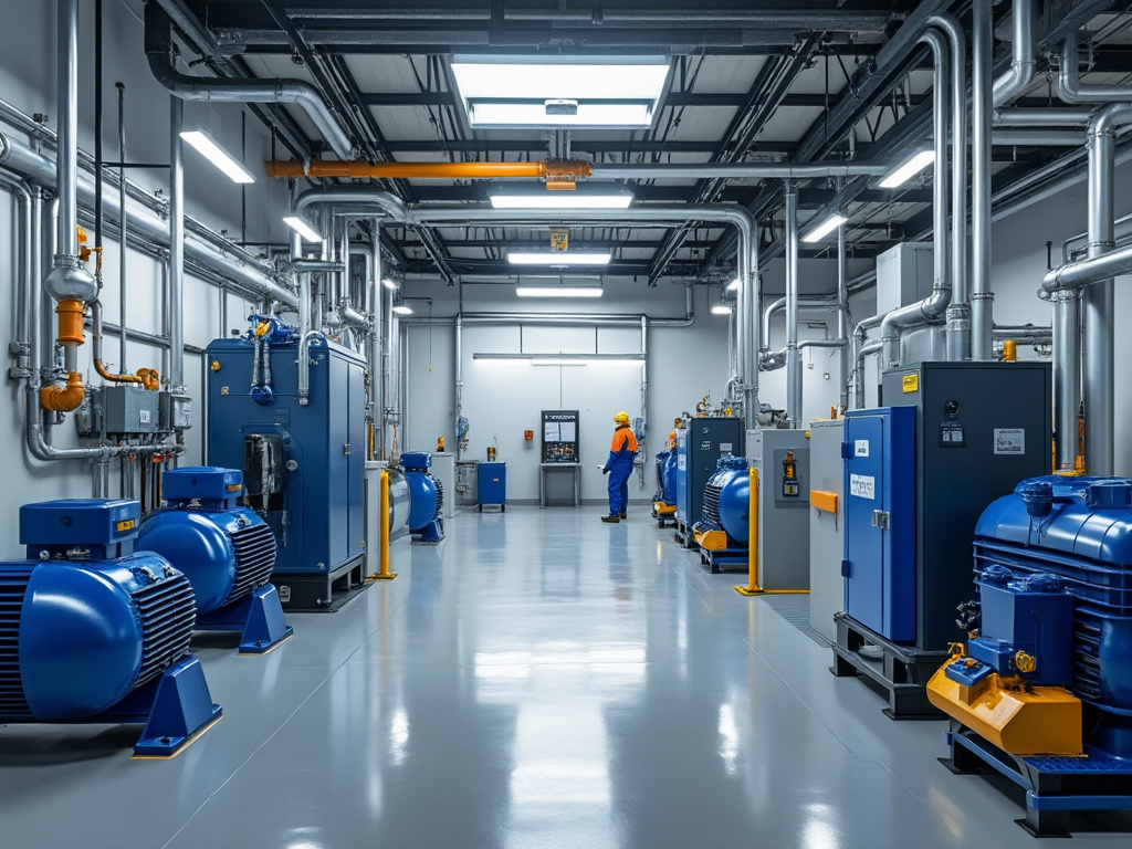 Sala de máquinas industrial con bombas azules, tuberías metálicas y técnico de mantenimiento en planta moderna