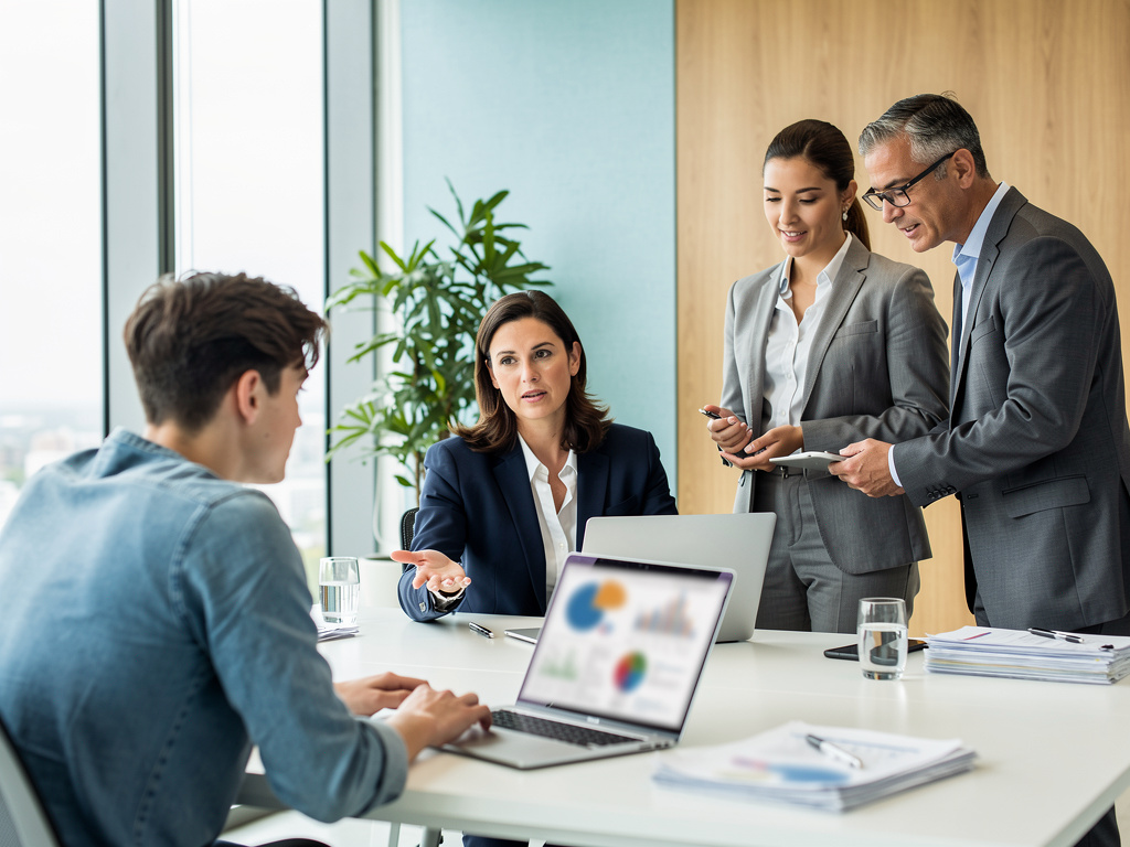 Equipo de negocios en reunión de oficina analizando gráficos y estrategias con portátiles