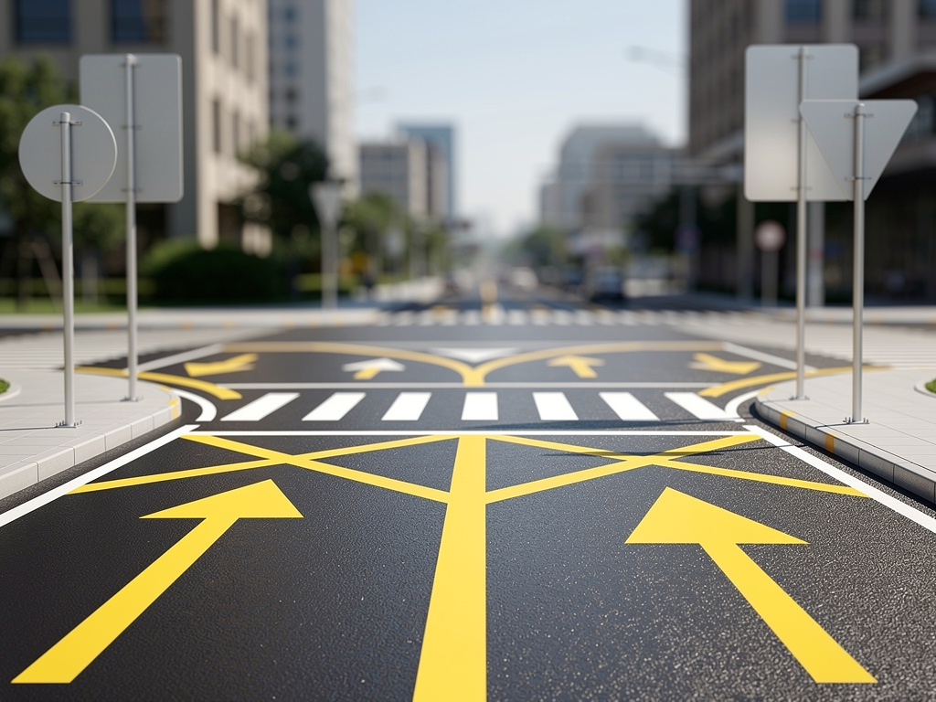 Intersección urbana con flechas amarillas, pasos de peatones y señales de tráfico en una ciudad moderna