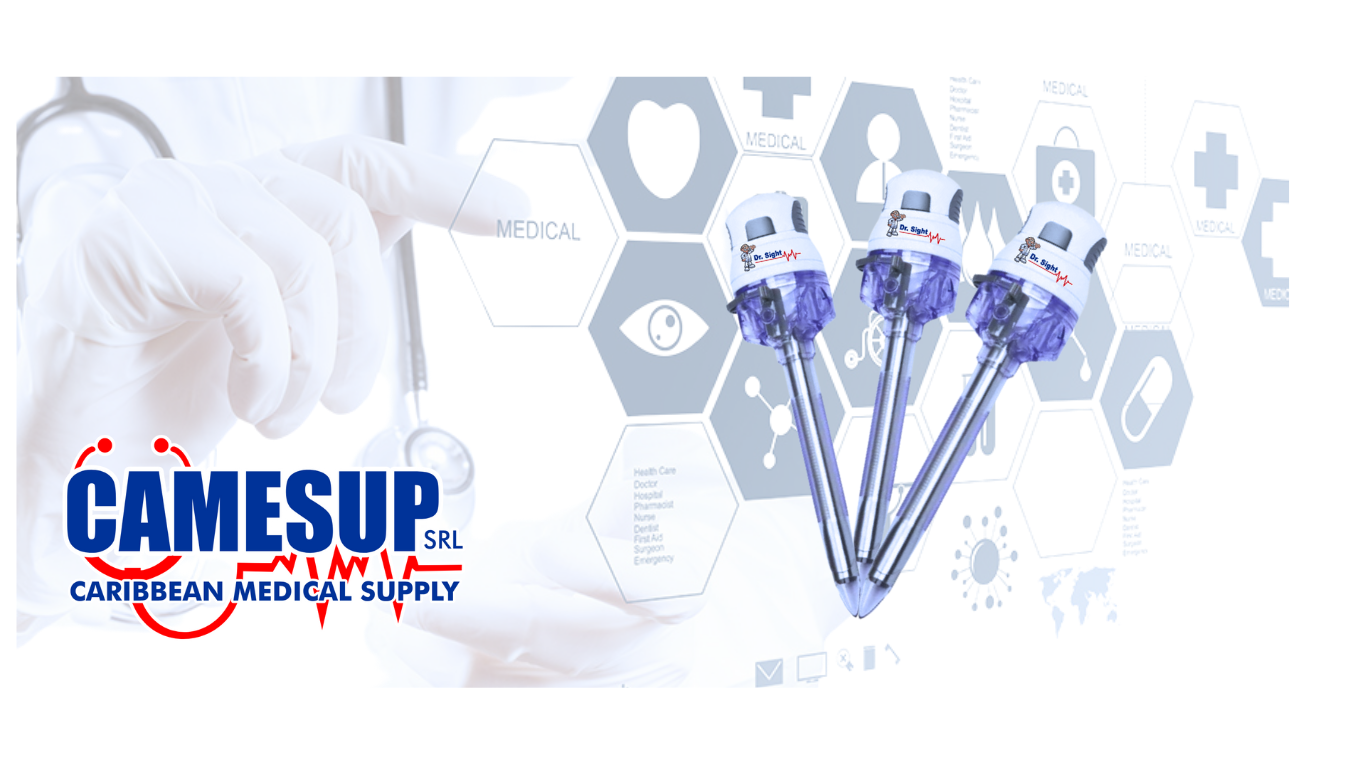 Médico con estetoscopio frente a elementos médicos gráficos y equipo quirúrgico marca Dr. Sight.