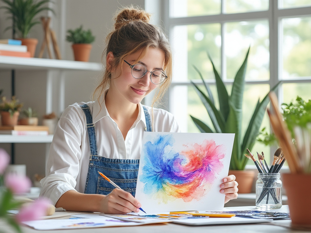 Young woman in glasses and denim overalls painting a colorful abstract design in a bright room with plants and art supplies.