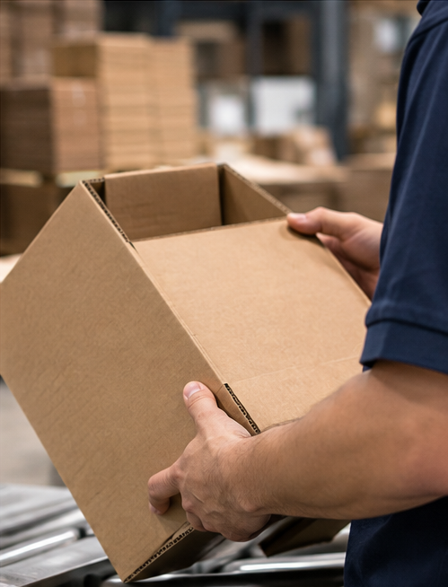 Trabajadores en fábrica de embalaje manipulando cajas de cartón en líneas automatizadas con estanterías llenas de paquetes
