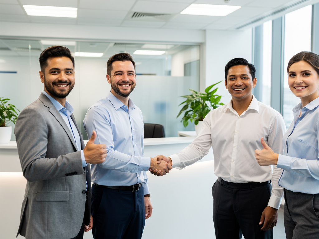 Equipo de negocios sonriente cerrando acuerdo con apretón de manos en oficina moderna