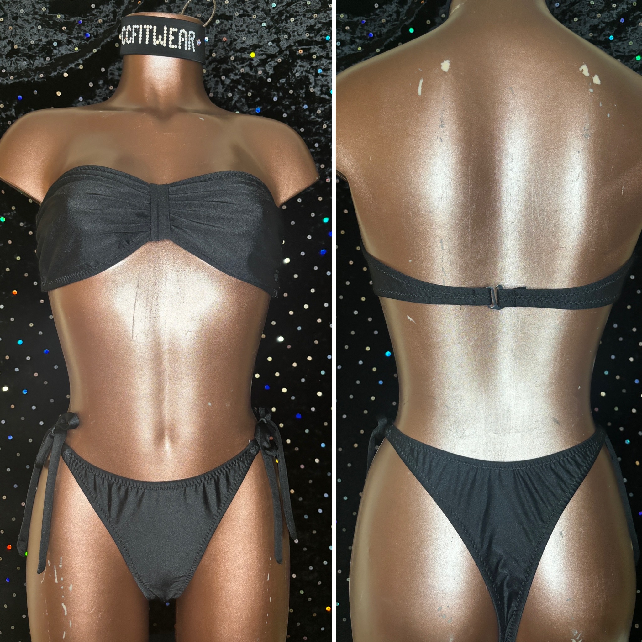 70. C strapless top
large tie side
large thong back
black lycra
$65