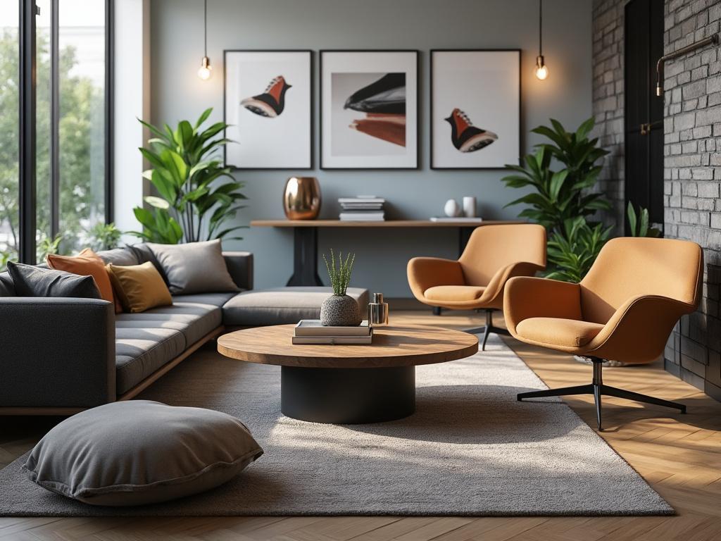 Sala de estar moderna con sofás grises, sillones naranjas, plantas y mesa de centro de madera.