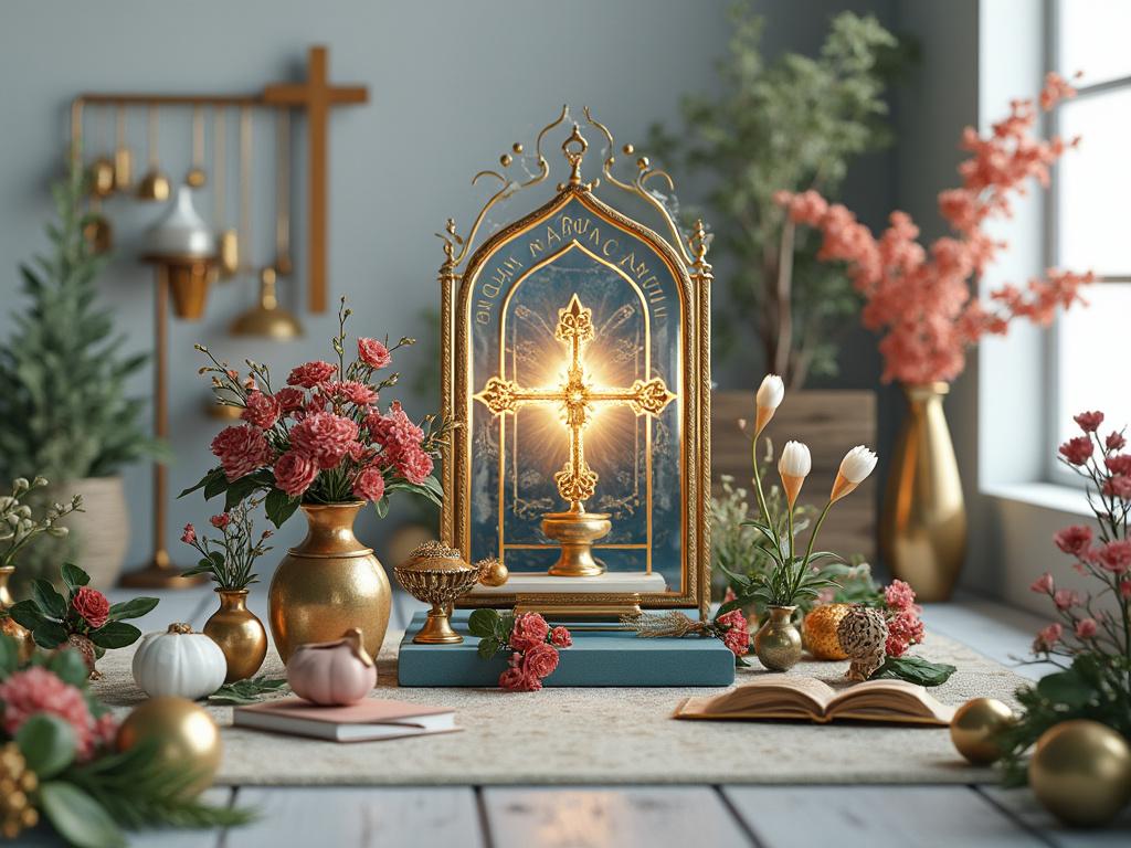 Mesa decorada con un crucifijo dorado en un marco ornamentado, rodeado de jarrones con flores frescas, calabazas decorativas y un libro abierto bajo la luz de una ventana.
