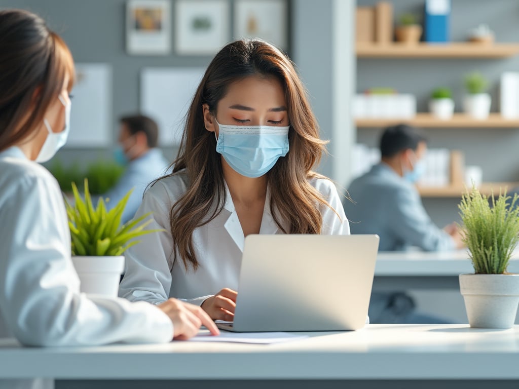 Mujer con mascarilla trabajando en una oficina moderna, usando laptop, rodeada de plantas y compañeros.