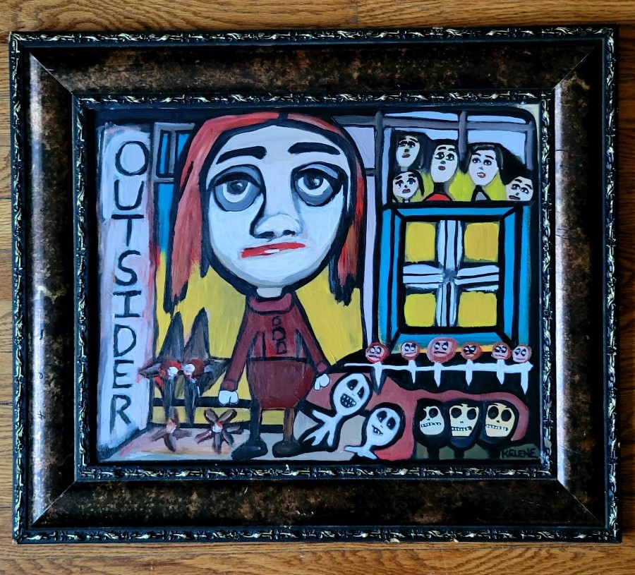 Title Outsider 22 x 26 framed. Acrylic on canvas Kelene 2023 $480.00