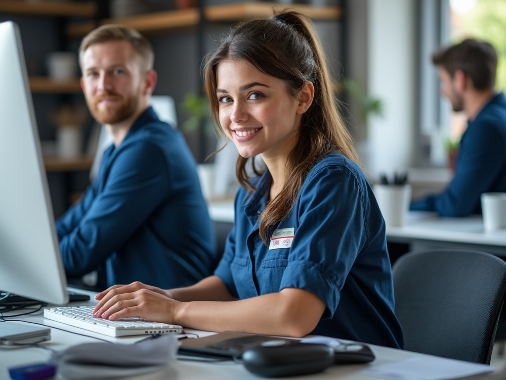 Young woman smiling while working at a computer in a modern office setting with colleagues in the background.