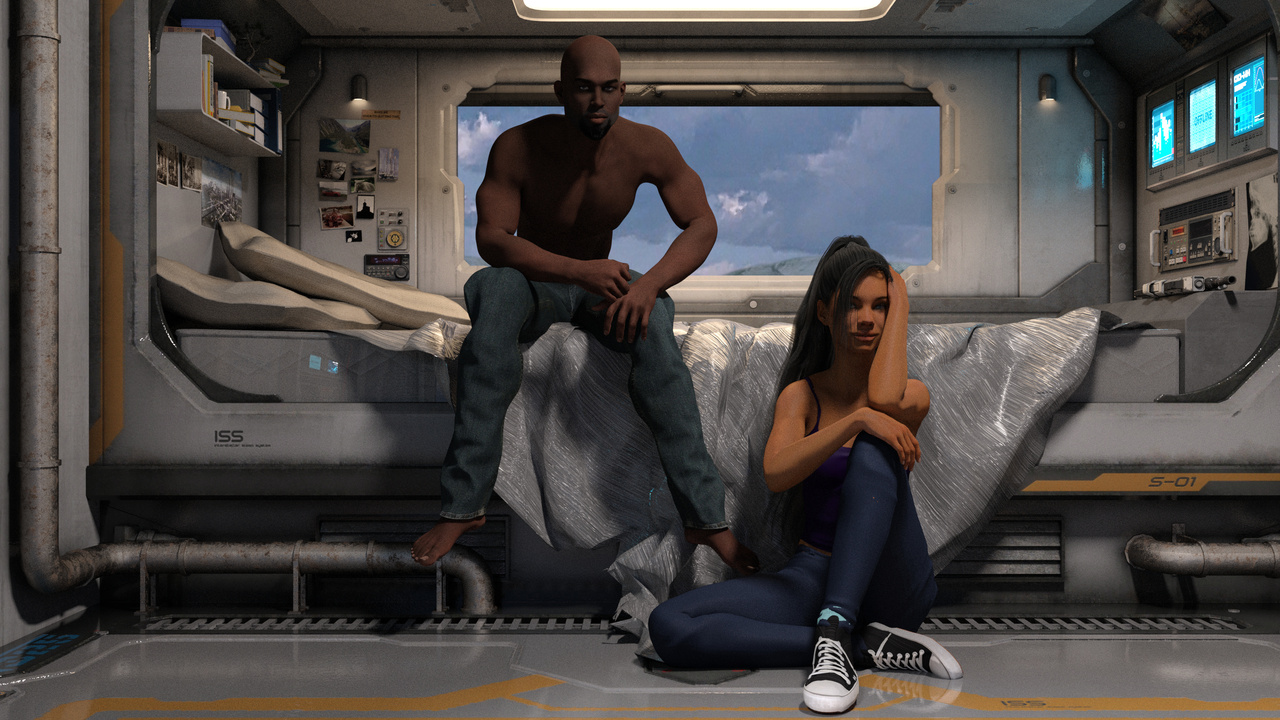 Two people sitting in a futuristic space cabin with a window view of the sky, surrounded by high-tech equipment and personal items.
