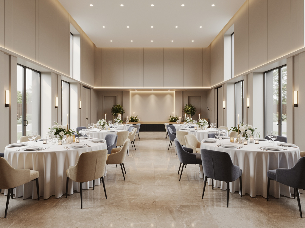 Salón de banquetes moderno con mesas redondas decoradas, flores blancas y elegante iluminación para bodas y eventos