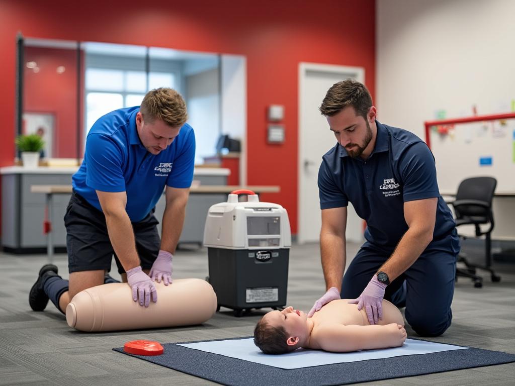 Two people practicing CPR on a baby mannequin in a training room, demonstrating lifesaving techniques.