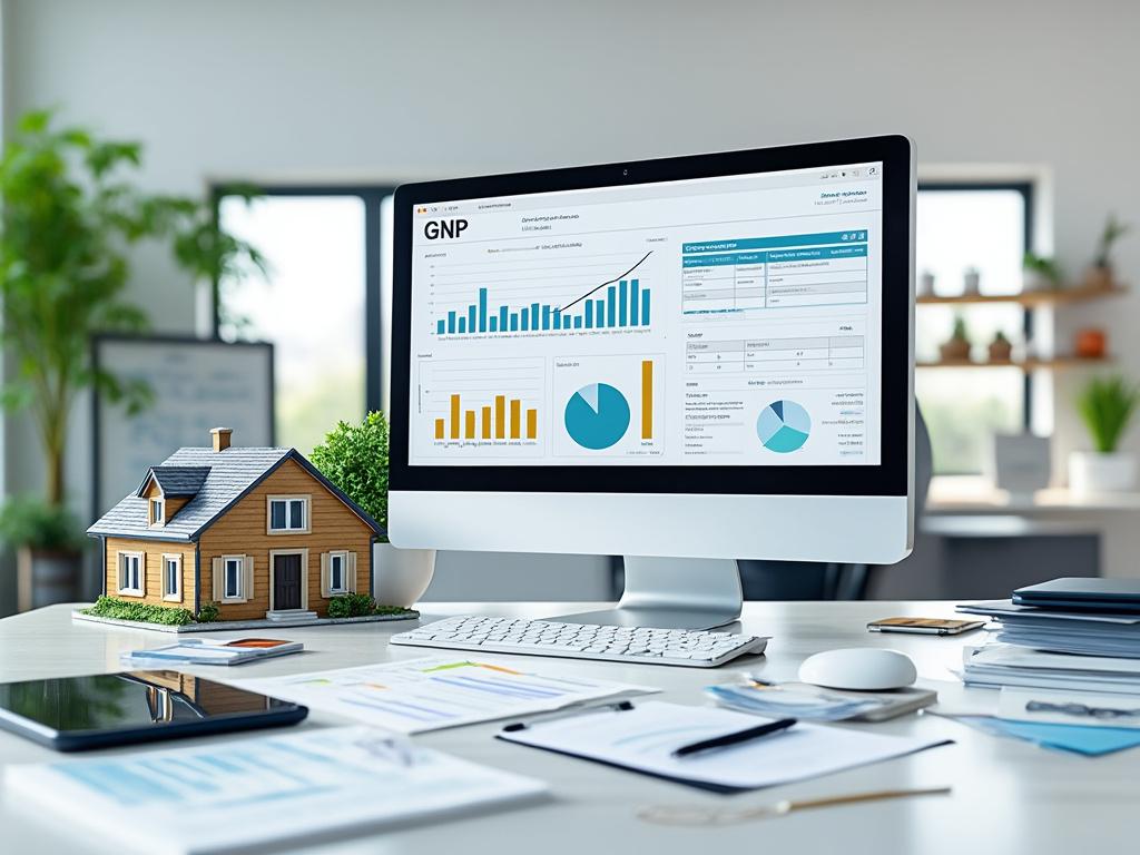 Oficina moderna con computadora mostrando gráficos de datos financieros, casa en miniatura en la mesa y documentos esparcidos.